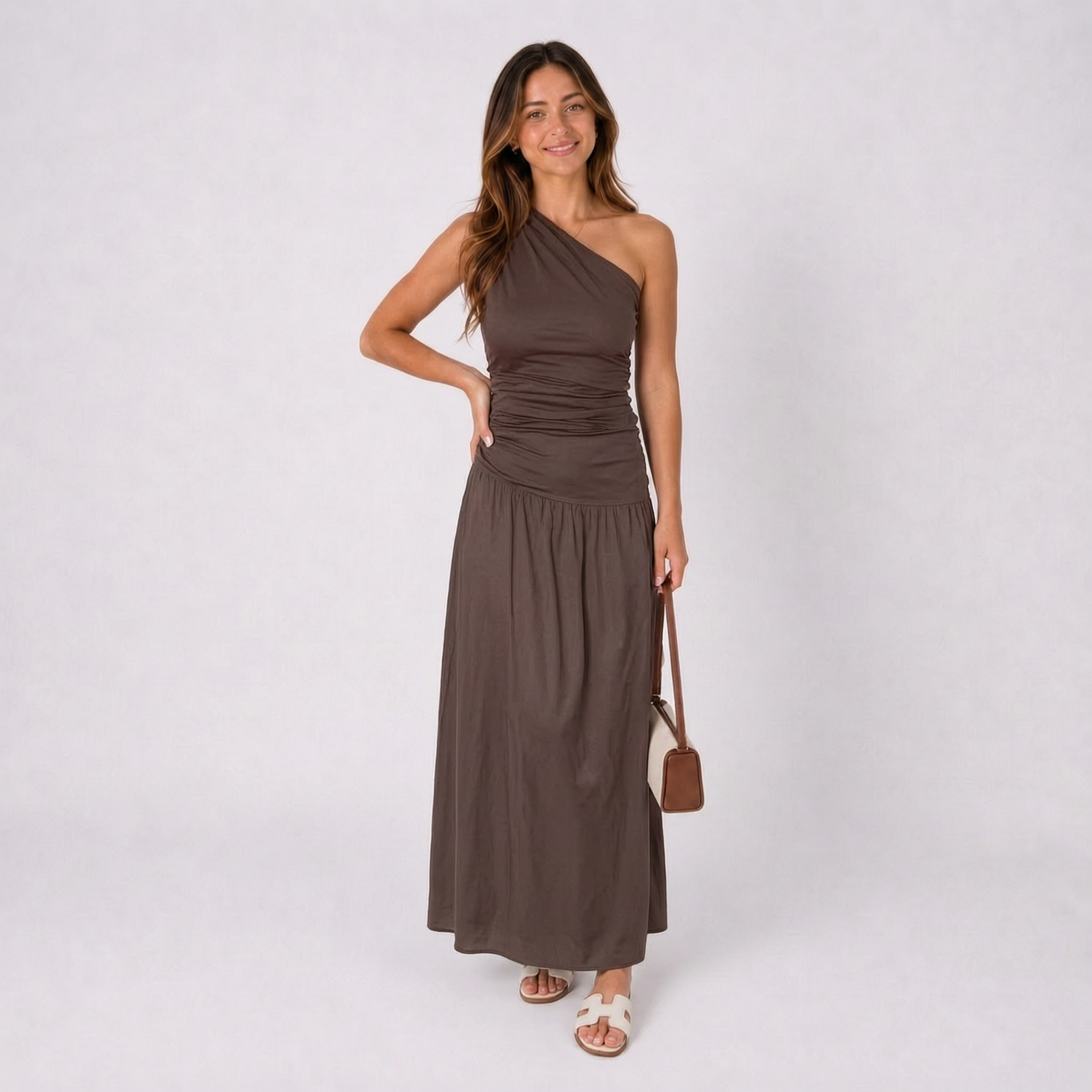 Einschultriges Maxikleid Mokka