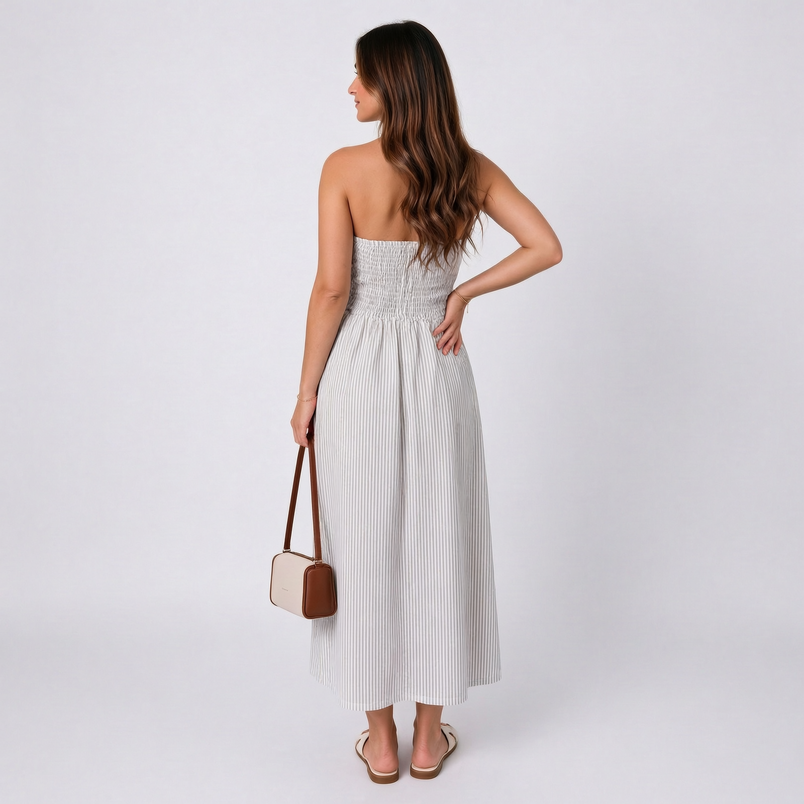 Trägerloses Maxikleid Cremeweiß mit Streifen